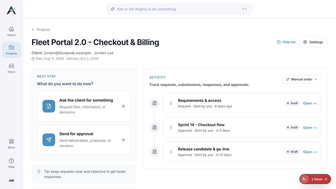 English software project in Alignia with requirements, checkout staging and release candidate