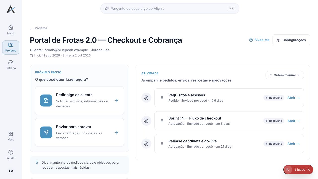 Projeto de software em português no Alignia com requisitos, checkout em staging e release candidate